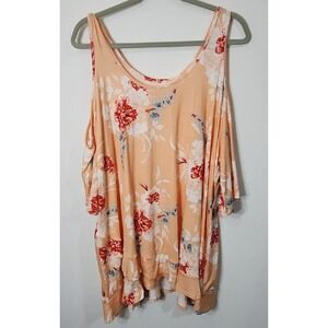 Torrid 3X Super Soft Scoop Neck Cold Shoulder Top Peach Ruffles Floral‎ NWT